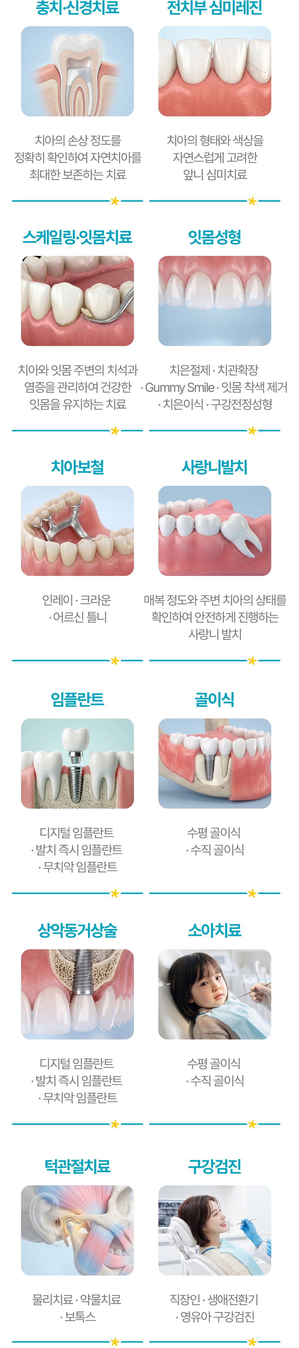감동플란트치과 진료과목: 충치·신경치료, 전치부 심미레진, 스케일링·잇몸치료, 잇몸성형, 치아보철, 사랑니발치, 임플란트, 골이식, 상악동거상술, 소아치료, 턱관절 치료, 구강검진